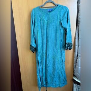 Teal Embroidered Long Sleeve Dress